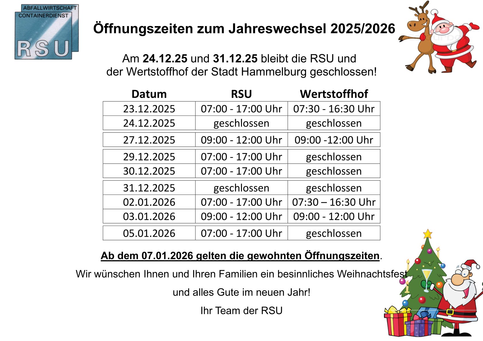 Öffnungzeiten zum Jahreswechsel